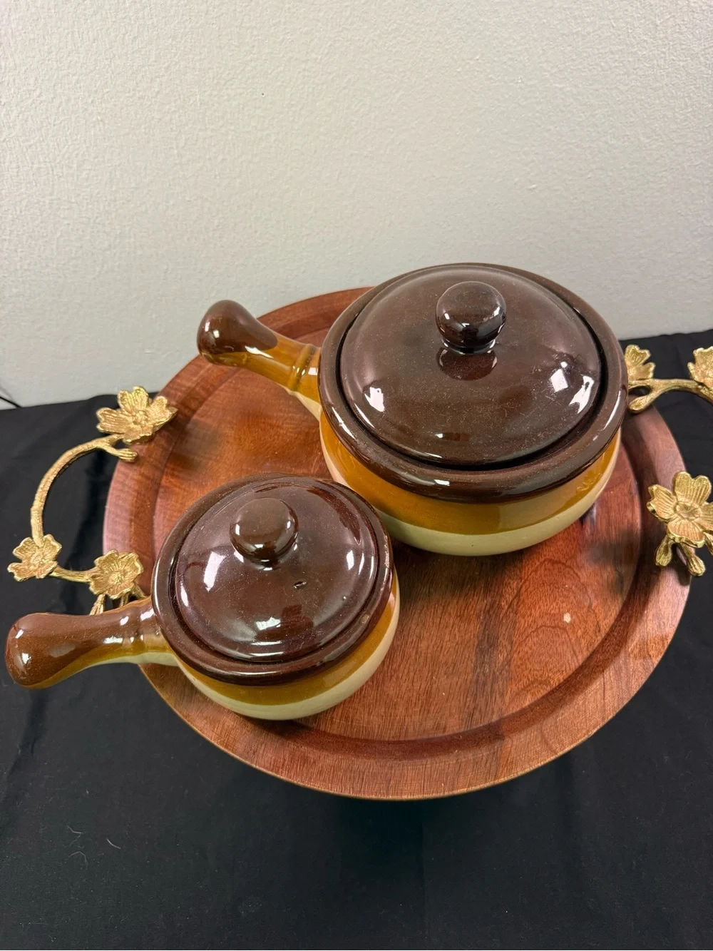 Vintage 2-Tone Glazed Stoneware Handeld Soupbowl and Lidded Crock